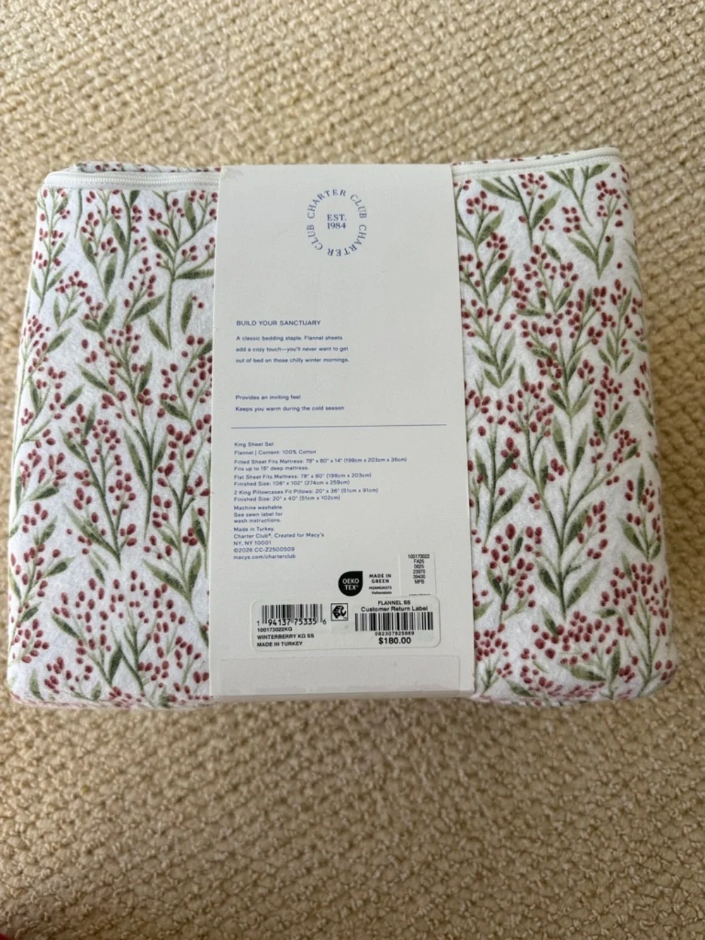Charter Club White Flannel Sheet Set with Green Leaf & Red Berry Motif